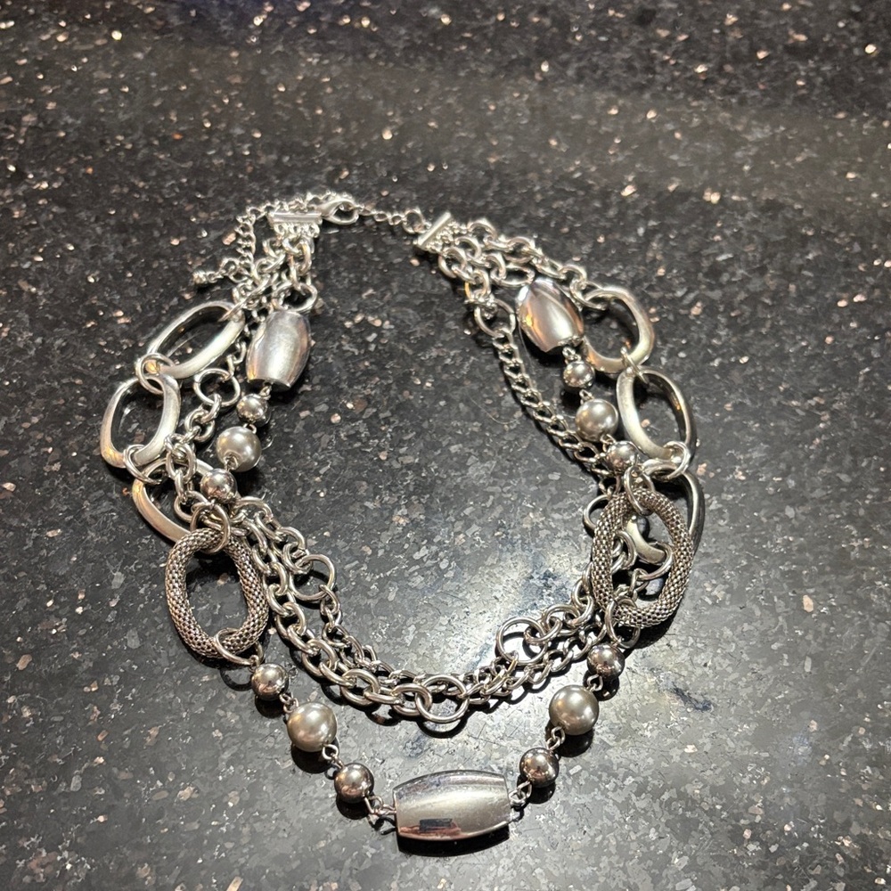 Premier Designs Atlantis Silver Tone 3 Strand Mixed Chain & Bead Necklace